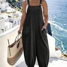 Plus Size Women's Elegant Striped Pocket Jumpsuit, Suitable For Work And Commute, Spring/Summer - Negro - Ver 1