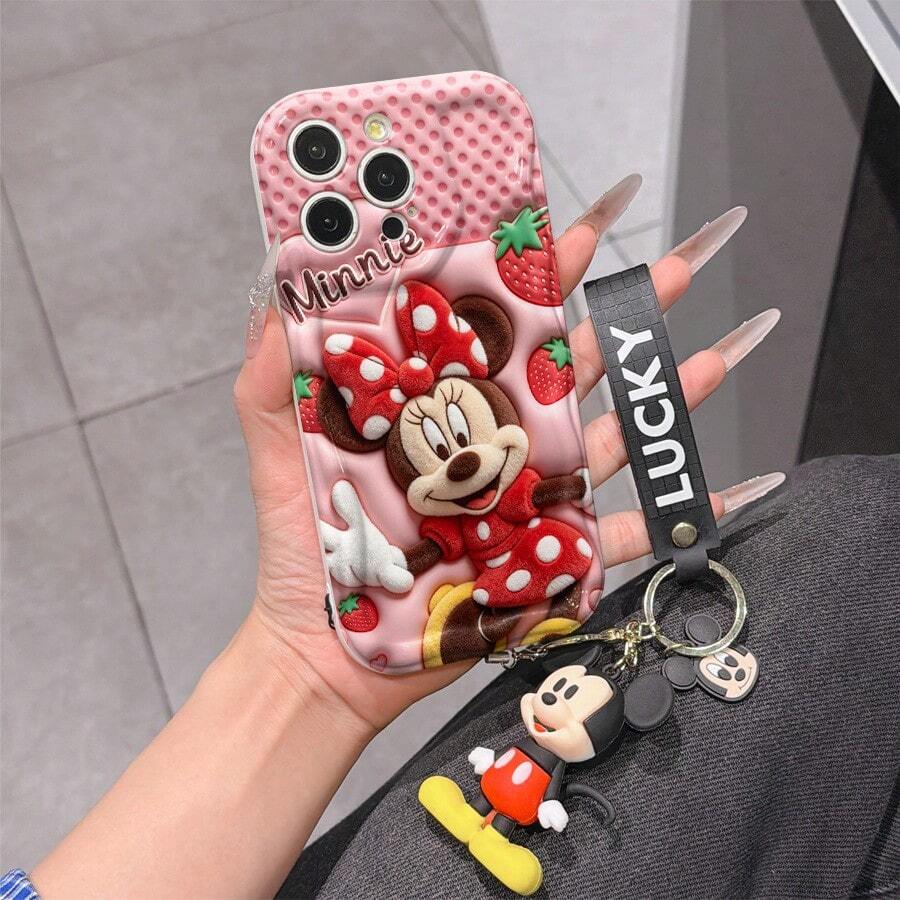 Disney Mickey Mouse Clubhouse Phone Case : 3D Fluffy Pattern Border Protector Phone Soft Phone Case With A Free Cute Mickey Bracelet Chain Lanyard, Mickey, Minnie, Goofy, Donald Duck, Daisy Duck, Pluto, For Apple 17 Promax 17 Pro 16 15 14 13 12 11 Pro Max XS Max X XR Soft Cover Summer Phone Case - 白色 - 查看 1