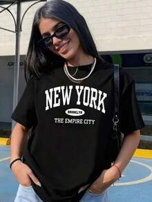 Special Offer On Plus Sizes: 1pc Women's Short-Sleeved, Crew-Neck Athletic T-Shirt, 100% Cotton, 180g. Designed By A Y2K Artist In The Bababask Style, Ideal For Everyday Wear, Parties, And All Kinds Of Celebrations. Featuring A Stylish And Modern Letter Print, It's Perfect As A Gift Or For Couples To Coordinate, And Can Be Worn Any Time Of Year. - 黑色 - 查看 1