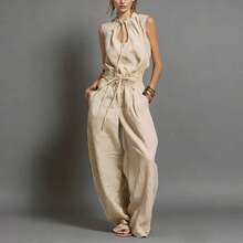 Women's Satin Jumpsuit, Halter Neck Backless Wide Leg Jumpsuit, Sleeveless Loose Fit Elegant Wear - Quả mơ [Còn hàng] - Xem 2