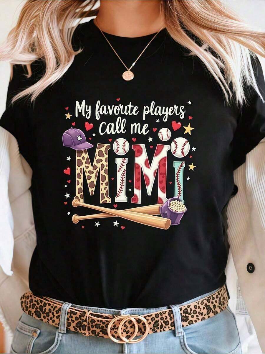 Regalo: 1 camiseta blanca de béisbol con estampado Mimi para mujer, cuello redondo, camiseta casual de algodón, tejido de punto de elasticidad media, corte regular para damas, ideal para primavera/verano/otoño, Día de la Madre, Pascua, Día de la Independencia. Suave. - Negro - Ver 1
