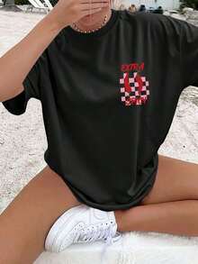 Women's Summer T-Shirt, 1 Piece, Round Neck And Drop Shoulder Graphic Print T-Shirt - Short Sleeve - Casual Top For Spring And Summer - Women's Clothing, Graphic T-Shirts, Vintage T-Shirts, 180g 100% Cotton (Sizes S-3XL) Plus Size, Suitable For Outdoor Outings And Urban Use. - 黑色 - 查看 2