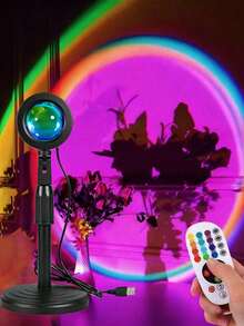 1pc USB Powered RGB Floor Lamp, Telescopic 16-Color Sunset Atmosphere Projector Light, LED Sunset Atmosphere Light, Sunset Effect Projector, Room Decoration Night Light, Multi-Color Projector, Room Ambient Decorative Lighting, With Remote Control, Multiple Color Changes, Rotatable, Suitable For Decoration, Photography Party, Bedroom Home Decor, Room Decoration, Party Wall Decoration Light - Large Remote Control - Sunset Projector - View 5