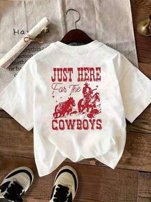 Women's Cute Short Sleeve Graphic T-Shirt, Oversized Style, Retro Rodeo Print 'Just Here For The Cowboys', Casual Western Cowboy Style T-Shirt - 'JUST HERE For THE COWBOYS' Graphic Tee - Lightweight And Soft Material With Red Lettering - Western Cowboy Style Outfit For Country Concerts, Rodeos, Casual Wear - Spring/Summer/Autumn Essential, Summer Fashion, Bold Print, Eye-Catching T-Shirt, Casual Festival Wear - Stylish Soft Fabric Crop Top, Women's Graphic T-Shirt, 100% Cotton. 100% Cotton Casual Blouses For Women - 白色的 - 查看 1