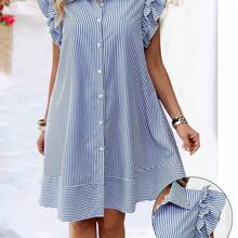 Plus Size Fashion Spring/Summer Casual Striped Front Button Cap Sleeve Dress - Azul - Ver 5