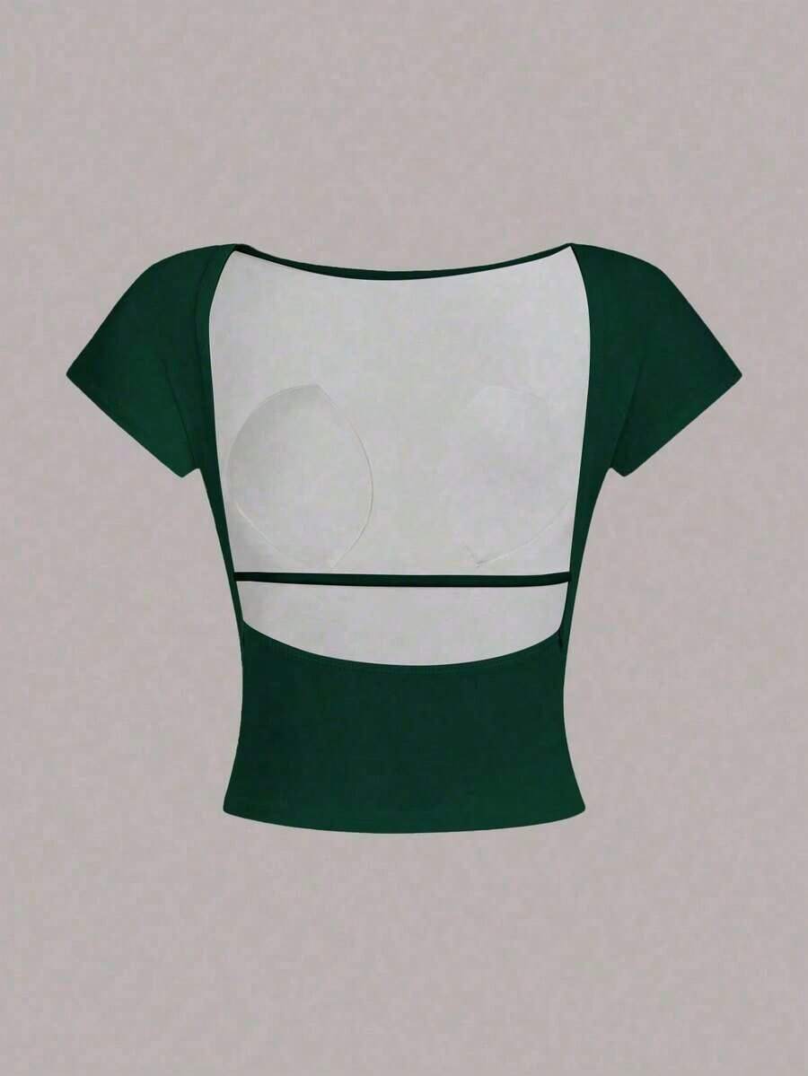 Camiseta corta con escote en la espalda, acolchada y ceñida, ideal para el verano - Verde Oscuro - Ver 1