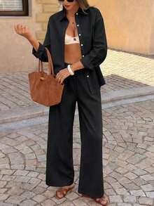 Conjunto de 2 piezas para mujer de PoPoHouse - Camisa de manga larga con cuello y pantalón ancho de pierna suelta de algodón de unicolor, elegante y casual, adecuado para el viaje casual, el Día de San Valentín, primavera/verano, ropa casual para mujer, conjunto blanco para mujer - Negro - Ver 6