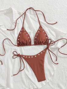 Women's Summer Beach Solid Color Eyelet Decor Halter Tie Sexy Bikini And Triangle Briefs Swimwear Set Vacation - Red - View 3