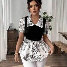 Women's Spring/Summer Exquisite Elegant Colorblock Patchwork Square Neck Ruched Waist Printed Short Sleeve Top, Suitable For Casual Daily Life, Travel, Beach, Music Festivals, Commuting - Multicolor - Ver 1