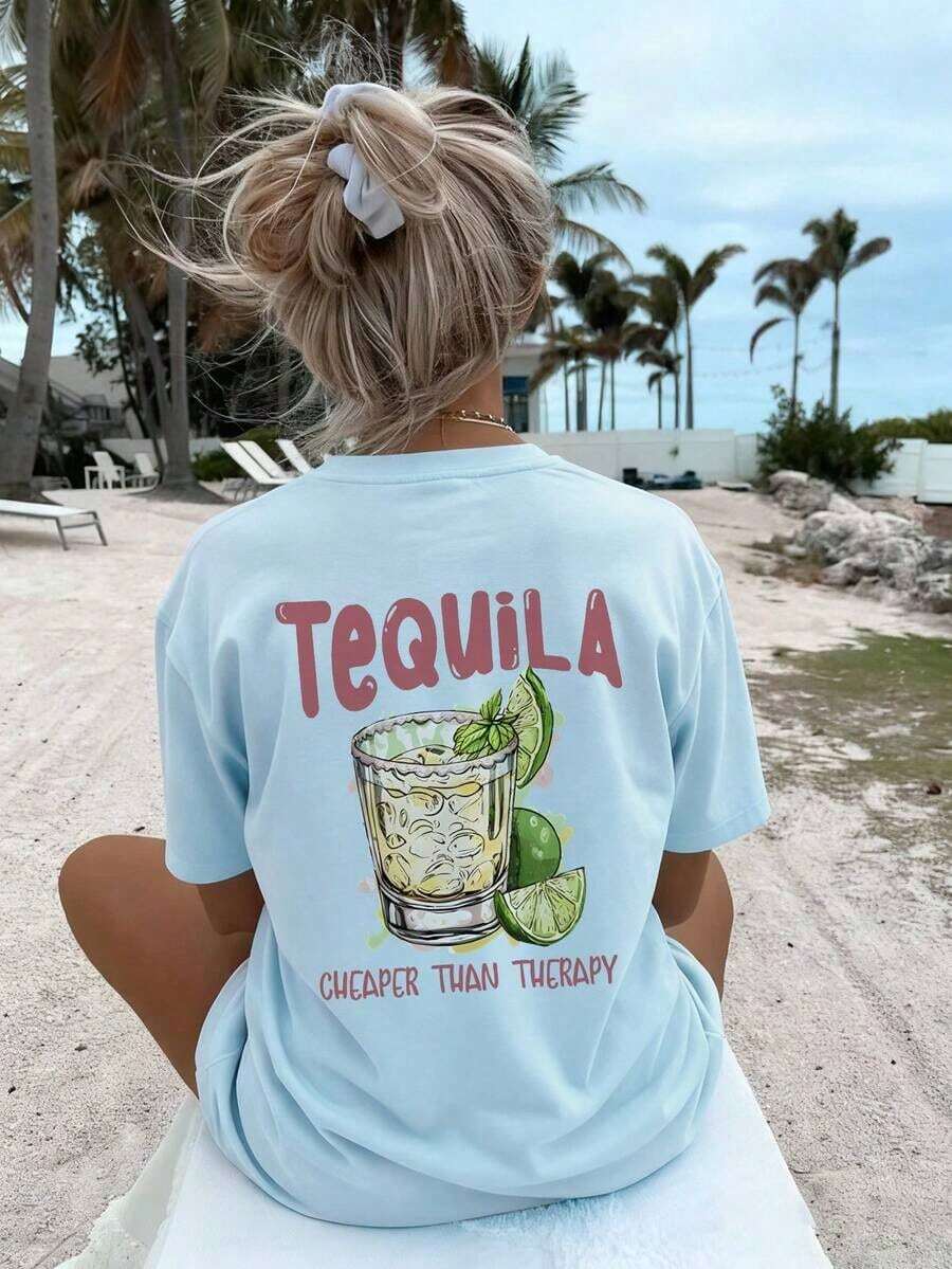T-Shirt Semplice Da Donna Per L'estate 2026 Con Motivo Tè Al Limone E Stampa Di Fette Di Limone, Stile Vacanziero, Vestibilità Comoda, Multifunzionale, Con Scollo Rotondo, Marrone - 寶貝蝴蝶結 - 查看 1