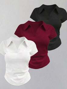 Camiseta casual versátil de mujer con cuello y mangas cortas plisadas - Negro 2 - Ver 6