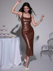Women's Solid Color Sleeveless Fitted PU Dress, Suitable For Commuting - Marrón - Ver 2