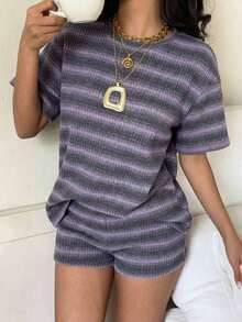 Conjunto de camiseta de manga corta y pantalones cortos de punto a rayas para mujer de estilo casual - Púrpura polvoriento - Ver 6