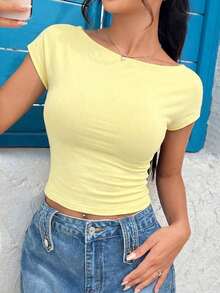 Camiseta corta negra de punto ajustada y sin espalda para verano - amarillo ganso - Ver 3