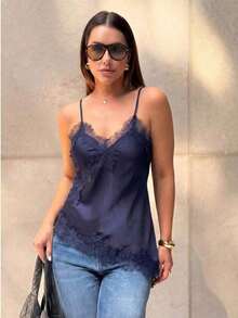 Camiseta sin mangas asimétrica de encaje con contraste de unicolor para mujer, elegante top holgado sin mangas casual de verano - azul real - Ver 4