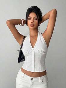 delgado de mujer de algodón con rayas, cuello alto y abotonadura sencilla, para otoño/invierno - Blanco - Ver 6