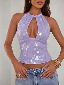 Nuevo camisol de tirantes finos con espalda descubierta y lentejuelas rosas para mujer, elegante y sexy, ideal para el Día de San Valentín, fiestas y viajes - Morado - Ver 4