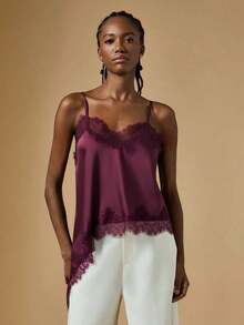 Camiseta de tirantes casual y versátil para mujer con parches de encaje, lunares y dobladillo asimétrico, elegante top de verano para mujer - Rojo violeta - Ver 6