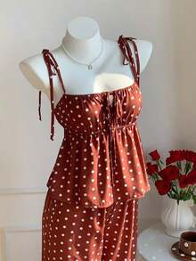Conjunto de 2 piezas de top tipo camisola con hombros retorcidos y estampado de lunares, y pantalones de pierna ancha, para mujer, estilo casual de verano, retro y de playa - Marrón - Ver 7
