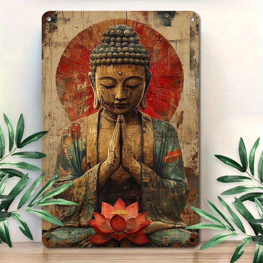 1件复古佛像金属墙饰 - 8x12英寸铁艺牌匾，饰有莲花，营造宁静冥想氛围，适用于家居、办公室、俱乐部和咖啡馆，易于安装，禅意家居装饰，预钻孔如图所示 - 多色 - 查看 1