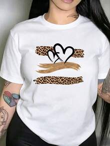 2026 Para Mujer Cotton T-shirt Casual Calidad  Camiseta Oversize Talla Grande Mujer con Estampado de Corazones y Leopardo - Ropa Casual Chic para Mujeres Camiseta Básica Unisex - Blanco - Ver 2
