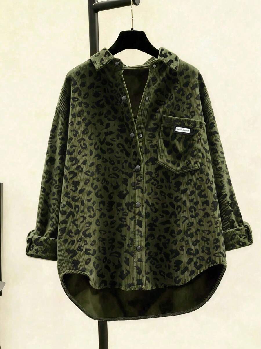 Women's Casual Fashionable Street Chic Leopard Corduroy Button Front Pocket Shirt, Autumn/Winter Vacation - Olive Green - View 1
