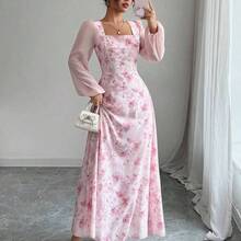 Women's Printed Square Neck Long Sleeve Elegant Summer Dress - Morado - Ver 2
