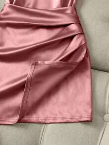 Nuevo vestido de mujer con cuello alto brillante, sin mangas, con cintura fruncida y asimétrico de ajuste ceñido - Rosa - Ver 4