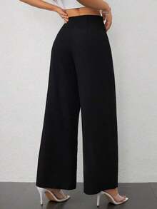 PETITE Pantalones de pierna ancha de textura de cintura alta, de estilo casual y sencillo, apropiados para ir a la escuela o para ir y venir al trabajo - Negro 2 - Ver 2