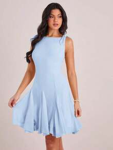 Vestido mini casual y de fiesta con pliegues y lunares para mujer - Celeste - Ver 4