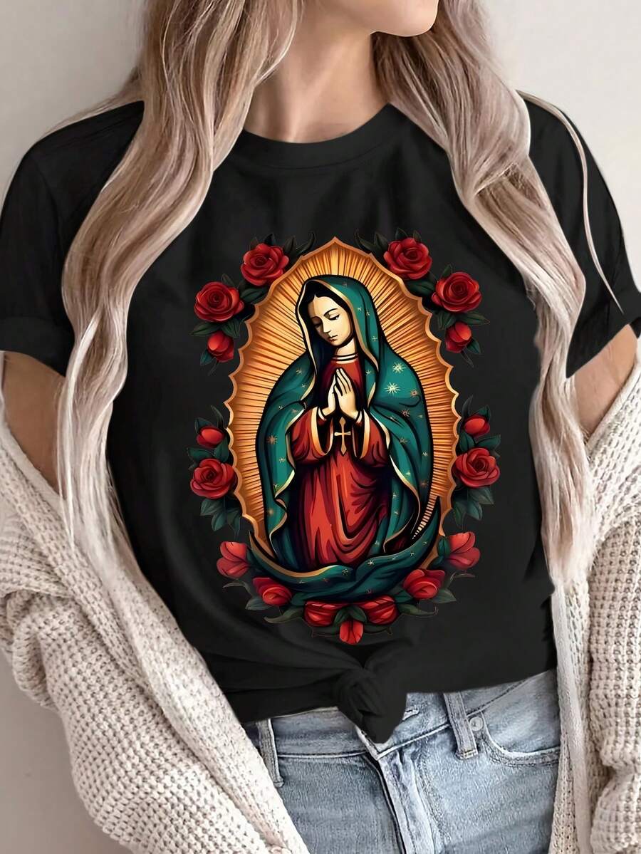 Camiseta Casual para Mujer con Estampado de Nuestra Señora de Guadalupe - Manga Corta, Cuello Redondo, Ligera y Transpirable, Camiseta de Verano para Atuendo Casual, Ropa Casual de Verano | Moda Religiosa | Ajuste Cómodo, Ropa Católica - Negro - Ver 1