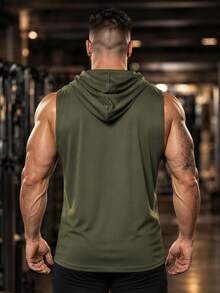 Camiseta sin mangas con capucha para hombre, chaleco deportivo de entrenamiento de gimnasio, musculoso, de verano - Verde militar - Ver 5