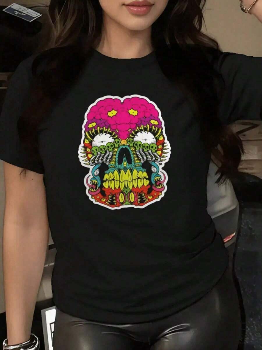 Women's T-Shirt With Mexican Skull Day Of The Dead Style, Colorful Motifs, Ideal For Parties, Halloween, Birthdays And Gifts - 黑色 - 查看 1