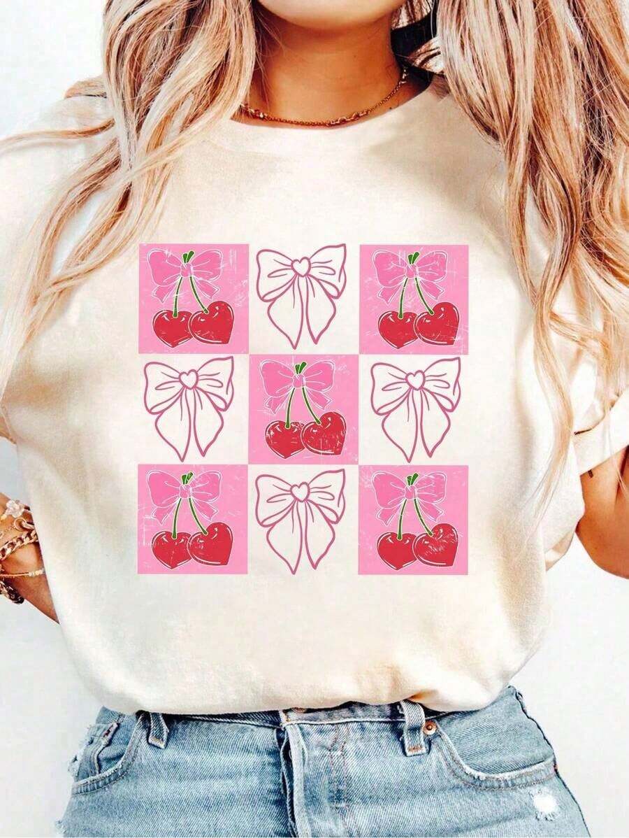 1 Pieza de Moda Casual para Hombres y Mujeres. Camiseta de mujer con cuello redondo, diseño atractivo y estampado con patrón de cuadros rojos, lazo coqueto y temática de San Valentín en color rosa. Versátil, fácil de combinar, adecuada para uso diario, estilo urbano, conjuntos de vacaciones y atuendos de fin de semana. - Albaricoque - Ver 1