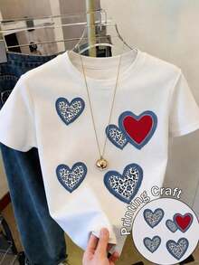 Playeras de hombre: Camiseta casual de manga corta con cuello redondo de poliéster para mujer, con detalle de corazón de perla para un estilo diario. - Blanco - Ver 1