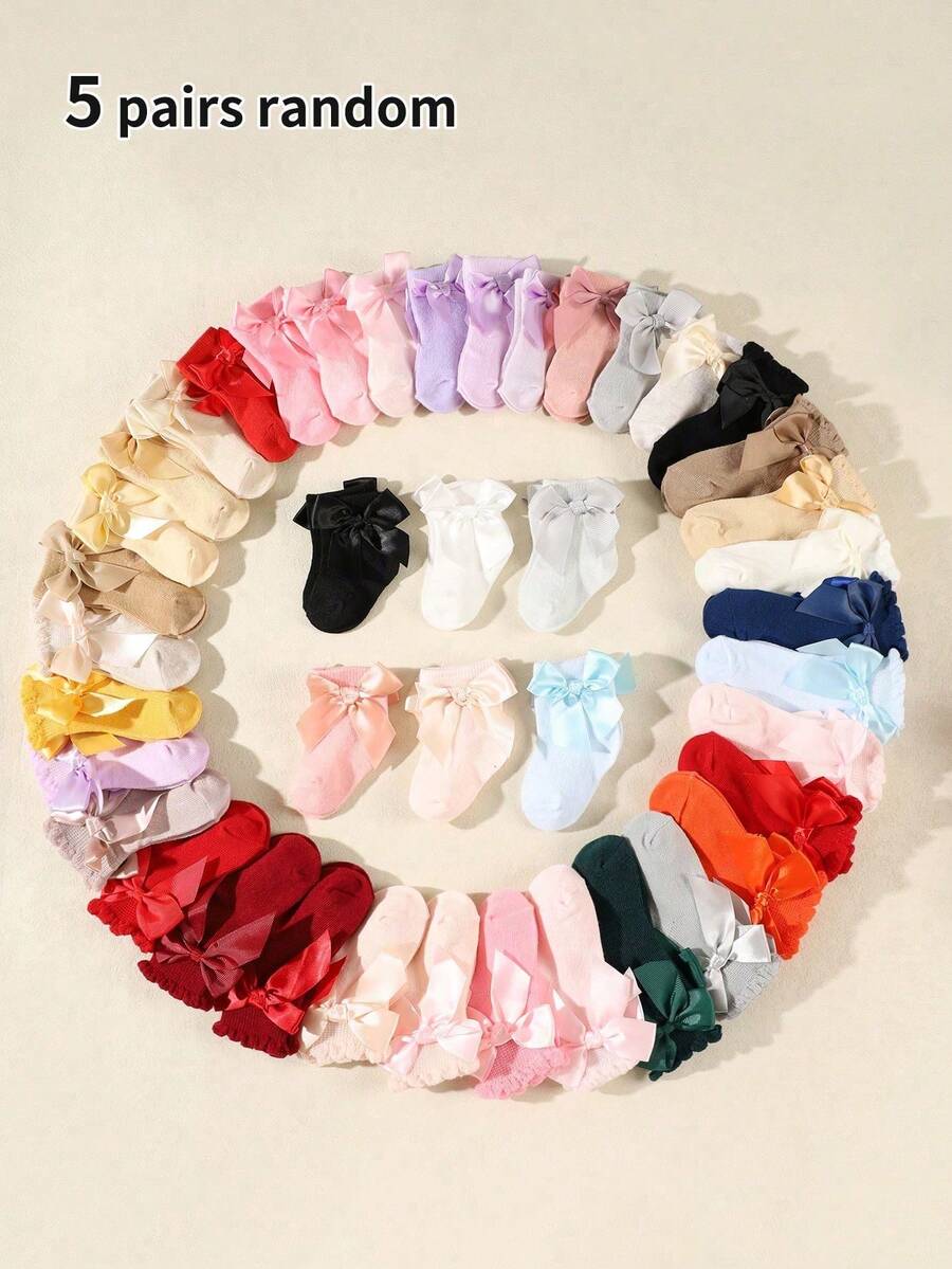 5 pares de calcetines de media caña para niños y niñas con decoración de moño en colores de caramelo aleatorios, estilo princesa con volantes, suaves y cómodos - Multicolor - Ver 1