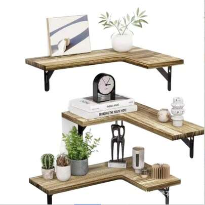5-Piece Corner Floating Shelves, Rustic Style Wooden Wall Mounted Shelves, Suitable For Bathroom, Kitchen, Bedroom Or Living Room (Carbonized Black)