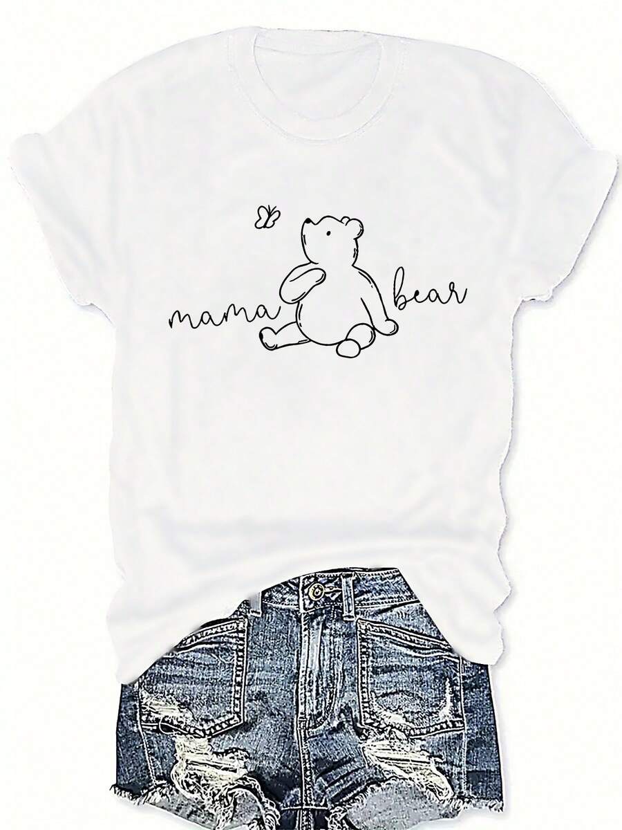 Simple And Versatile Design: Women's Short Sleeve T-Shirt With Mama Bear And Baby Bear Print, New Summer Collection, Fashionable Casual T-Shirt, Elegant Women's Clothing, Cotton T-Shirt. - 白色 - 查看 1