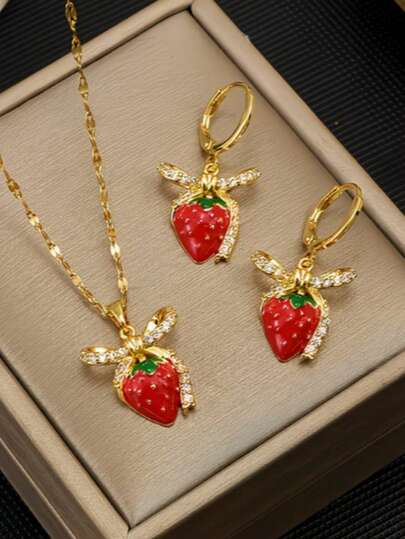 3pcs Exquisite Cute ' Necklace And Earring Set, Red Strawberry Design With Sparkling Rhinestone Accents, Suitable For Daily Wear And Gift-Giving, Gift For Daughter