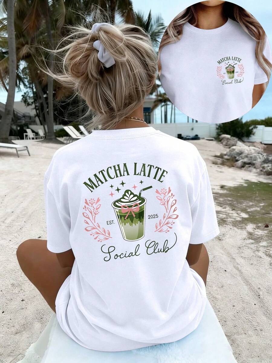 Plus Size - Plus Size - Resort Wear Vacation Style Matcha Latte Social Club Printed Fashionable And Elegant Women's T-Shirt, Casual And Versatile Easy And Comfortable Short Sleeve Top, T-Shirt New Women's Summer Clothing Summer Tops - White - View 1