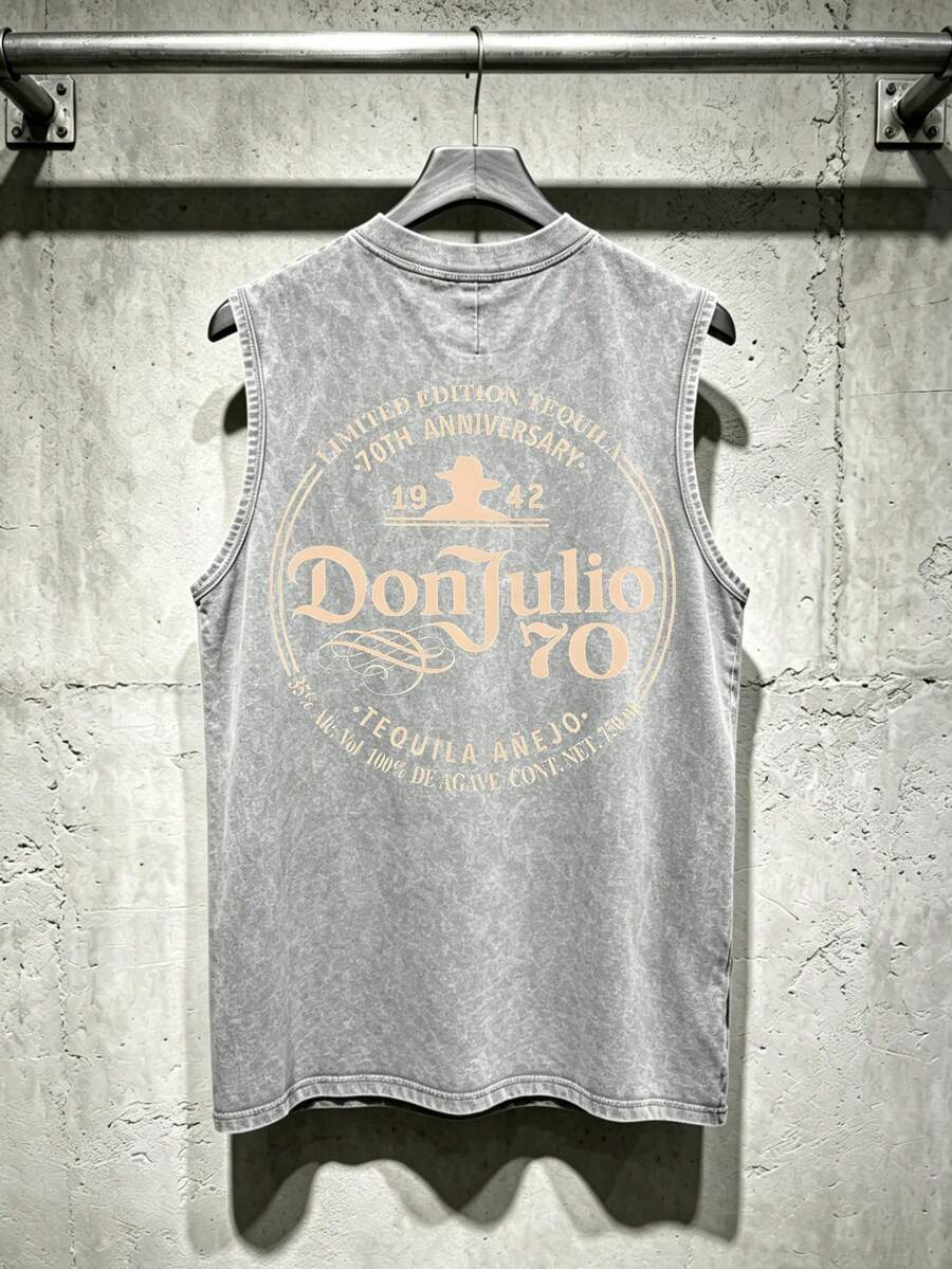 230g Water Washed, Tasting 1842 Wine Printed Vest, High-Quality Wax Printed Cotton Retro Fashion Brand T-Shirt, Men's Vest, Beach Must-Have, Summer Bestseller, Holiday Gift, Perfect Gift - 灰色 - 查看 1