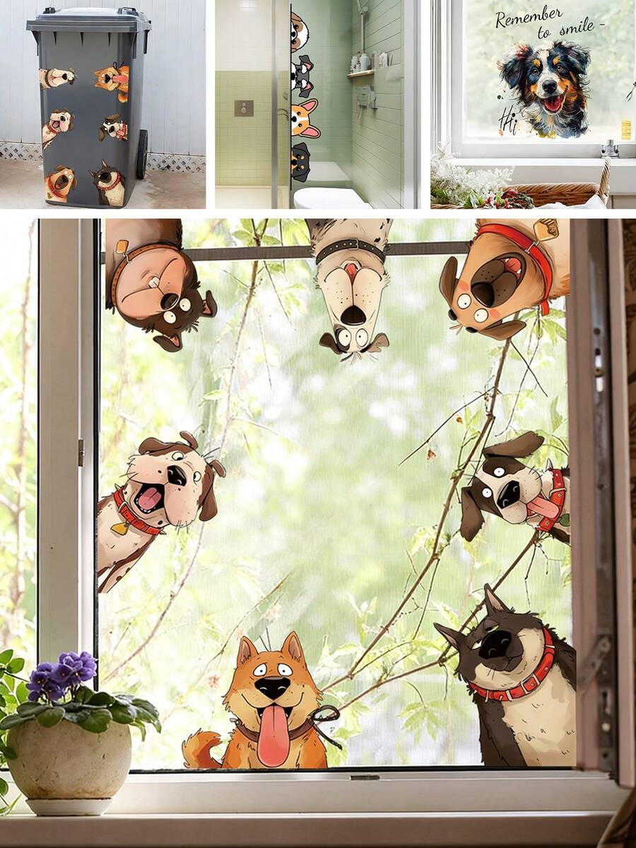1Pc Kids Room Window Stickers, Self-Adhesive Cartoon Dogs Wall Decals, Funny Animal Window Decor For Children's Bedroom, Playroom, Nursery, Easy To Apply & Remove - Multicolor - View 1