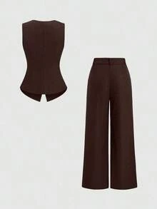 Sweetro Conjunto a juego de chaleco negro de una hilera y pantalones de pierna ancha con fruncidos - Marrón 2 - Ver 2
