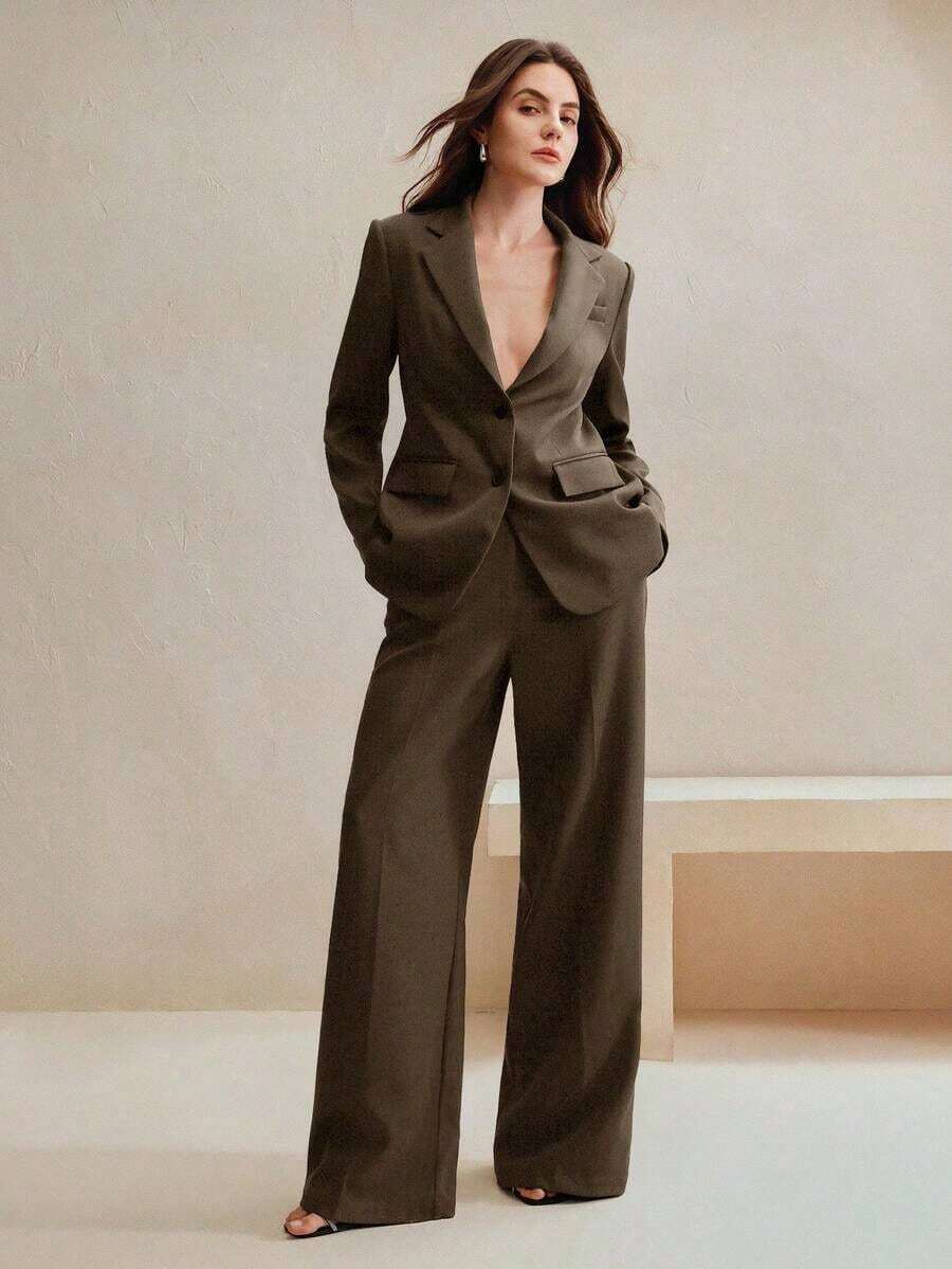 Conjunto de traje de mujer, blazer de unicolor estilo vintage + pantalones rectos, 2 piezas - Marrón - Ver 1