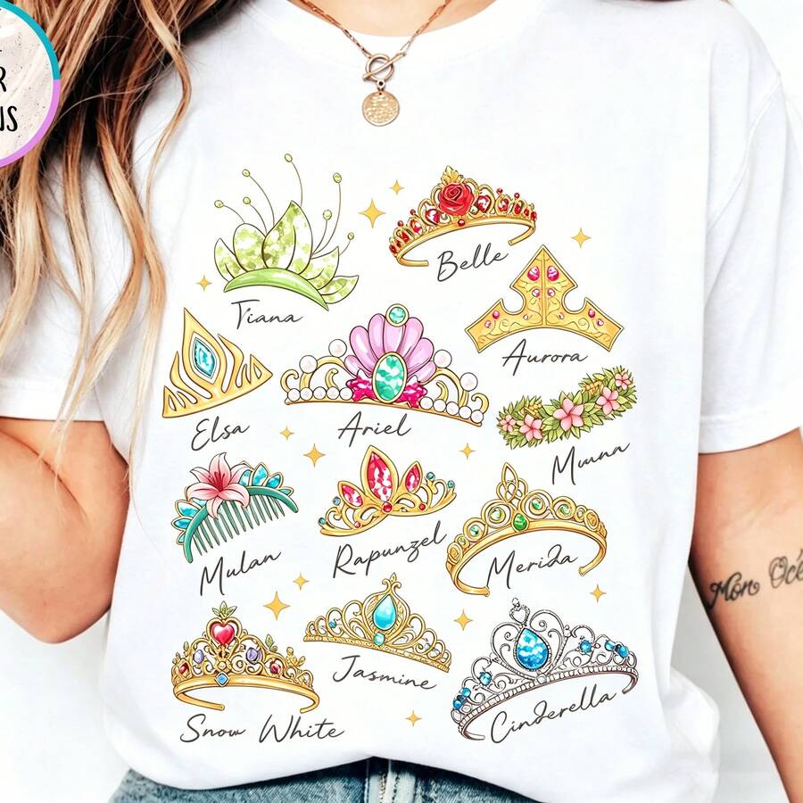 ComfortColor Disney Princess Crown Shirt, Cinderella Belle Rapunzel Ariel Snow White Princess, Disney Girl Trip Shirt, Magic Kingdom Tee Disney Oversized T-Shirt - trắng - Xem 1