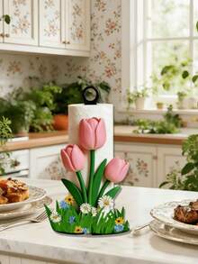 1PC 2D Acrylic Tulip Kitchen Towel Rack, Elegant Tulip Shape Desktop Tissue Dispenser Storage Holder, Cute Holiday Gift, Towel And Fabric Not Included - Multicolor - View 2