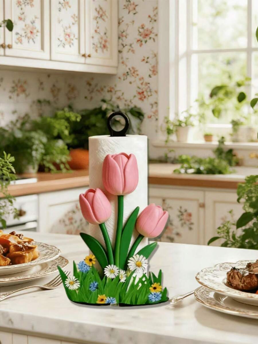 Rak Handuk Dapur Akrilik 2D Berbentuk Tulip - 1 buah Tempat Handuk Dapur Desain Tulip Cantik, Dispenser Kertas Tisu Meja Elegan untuk Penyimpanan. Handuk atau Pengatur Kain Tidak Termasuk. Hadiah Menarik. - MultiWarna - View 1