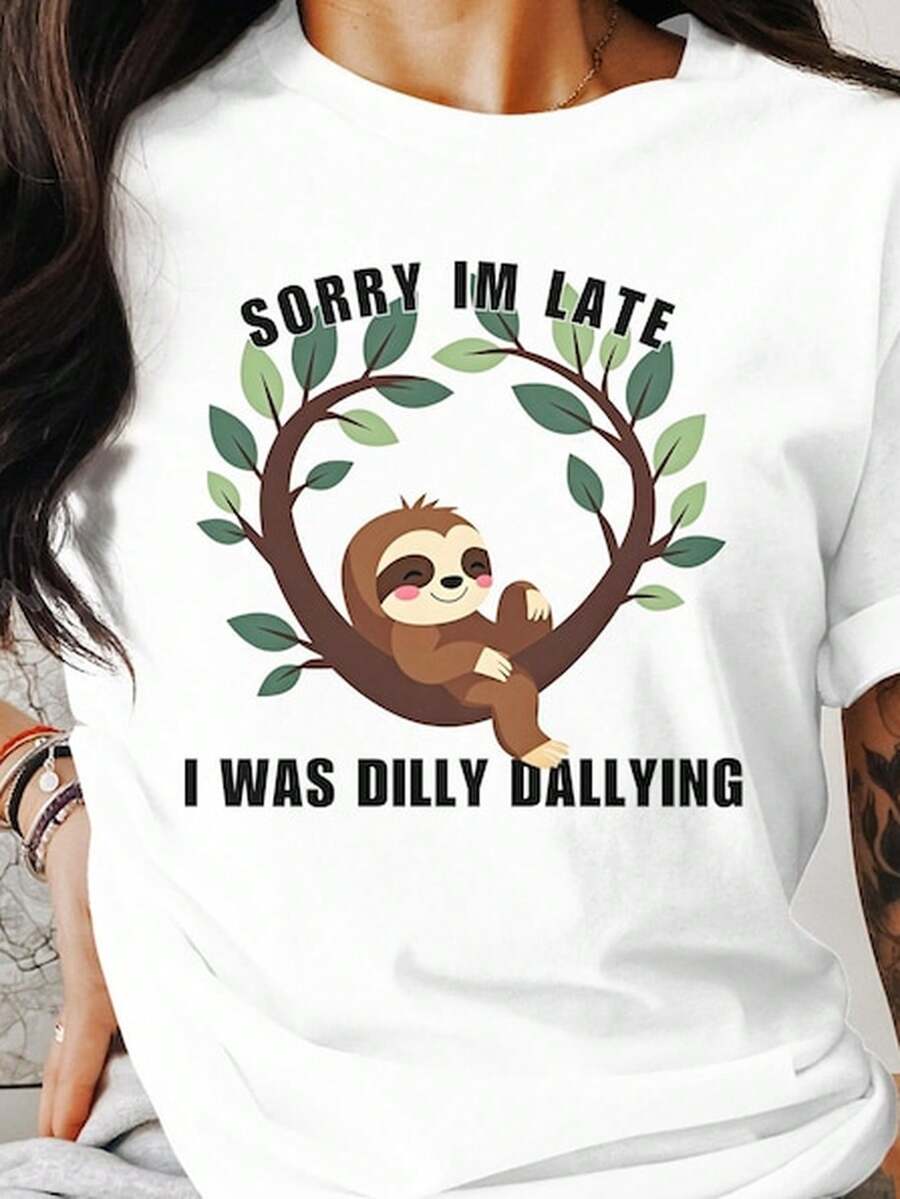 Funny Other T1S1Hirt, S1S1orry Im Late I Was D1illy Dallying, Cute Other Graphic T1EE, Humorous C1Asual S1Hirt, Relaxed Fit T1S1Hirt. - 白色 - 查看 1