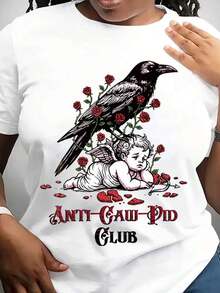 Anti Caw Pod Club Raven And Cherub Graphic Women's T-Shirt With Rose Design Vintage Inspired Print Comfortable Fit Casual Wear,Valentine's Day Shirts,For Valentine's Day Gifts Suitable For Going Out - Blanco - Ver 6
