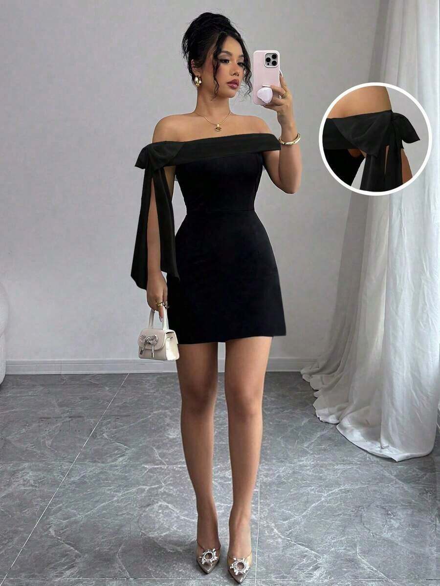 1 pieza Vestido largo elegante de hombros descubiertos para mujer, negro - Negro 3 - Ver 1